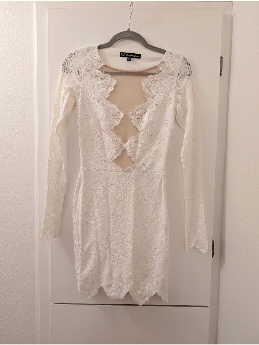 For Love & Lemons Ivory Lace Long Sleeve Dress XS Scalloped Hem Mesh Detail